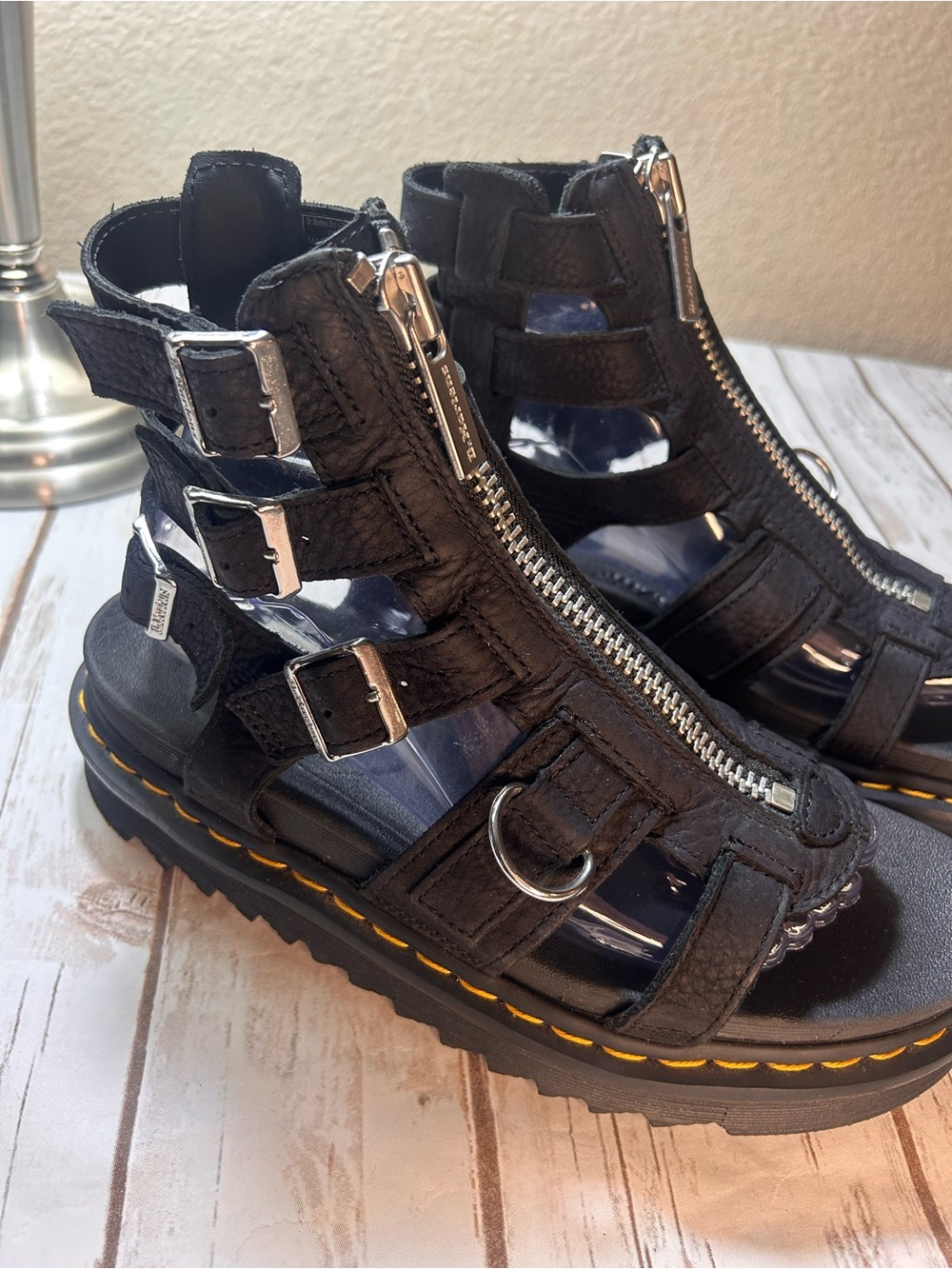 Dr. Martens Gladiator Sandals Olson Zip Front Black Leather Silver Accents - Picture 6 of 9